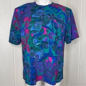 Vintage JG Collection Petite Blouse 8 Teal Pink Blue 1980’s S/S Padded Shoulders